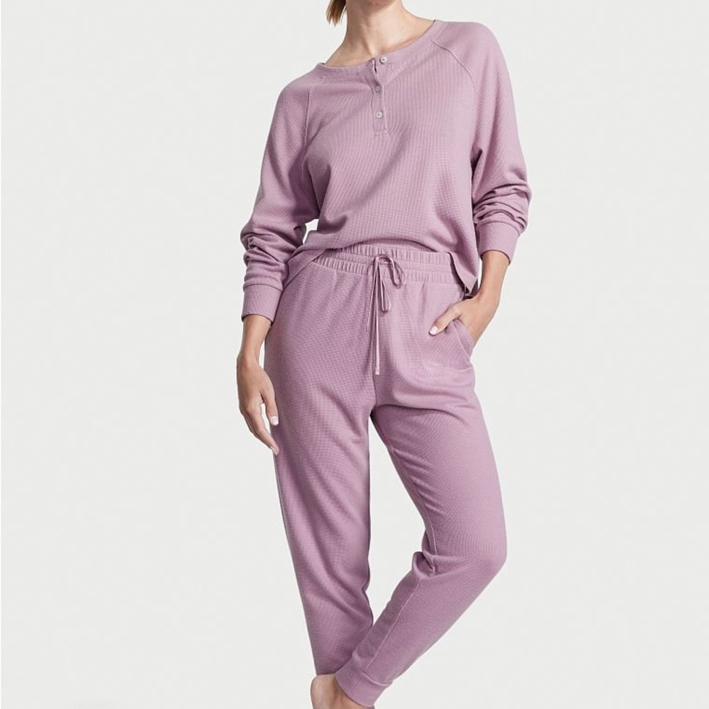 Victoria Secret Burgundy Glow Waffle Henley Jogger Set